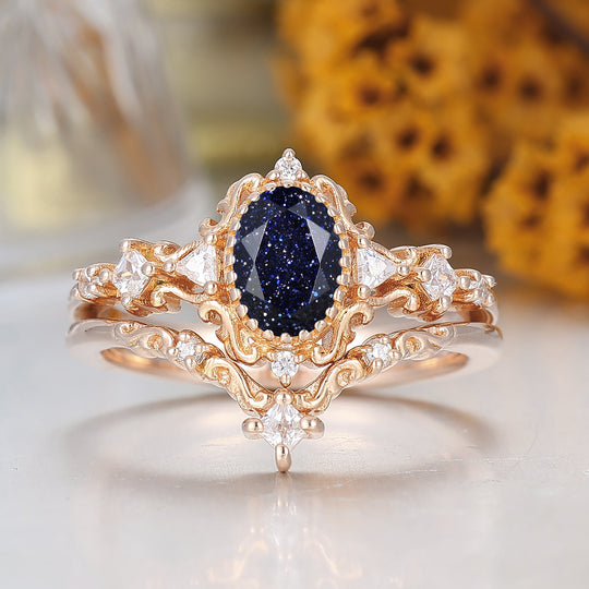 Dainty Scrolled Oval Cut Blue Sandstone Wedding RingsSolid Gold Bridal Anniversary Ring