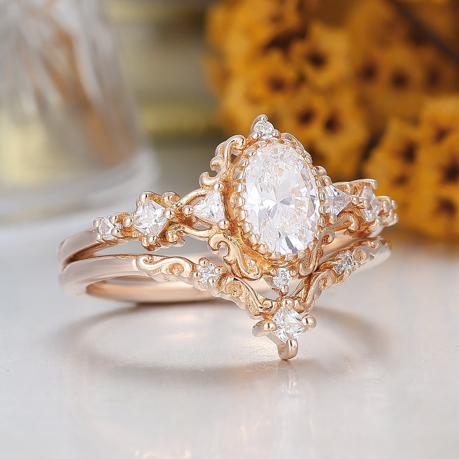 Vintage Filigreed Vine Moissanite Wedding Ring Set For Women Oval Cut Rose Gold Bridal Ring