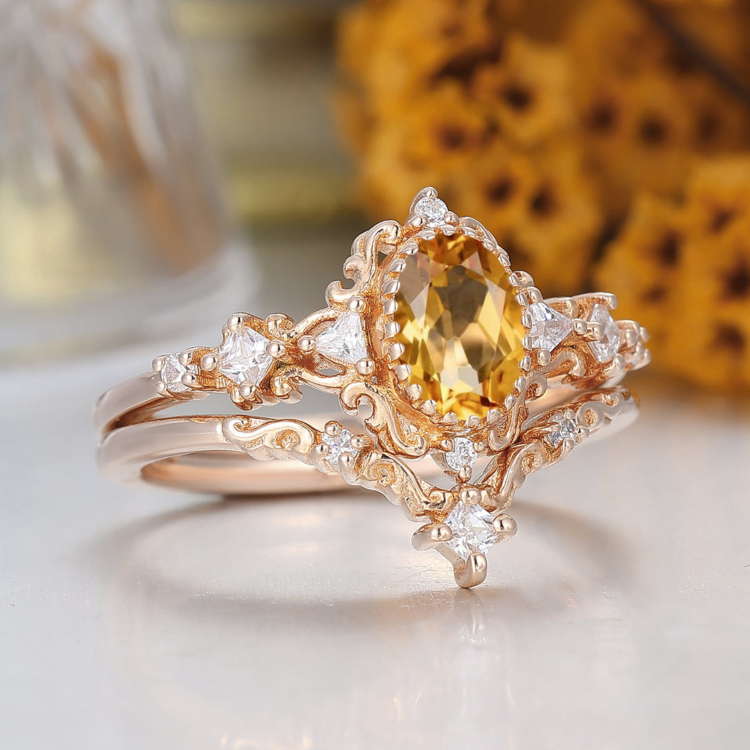 Vintage Scrolled Oval Cut Citrine Engagement Ring Set Rose Gold Women Anniversary Rings