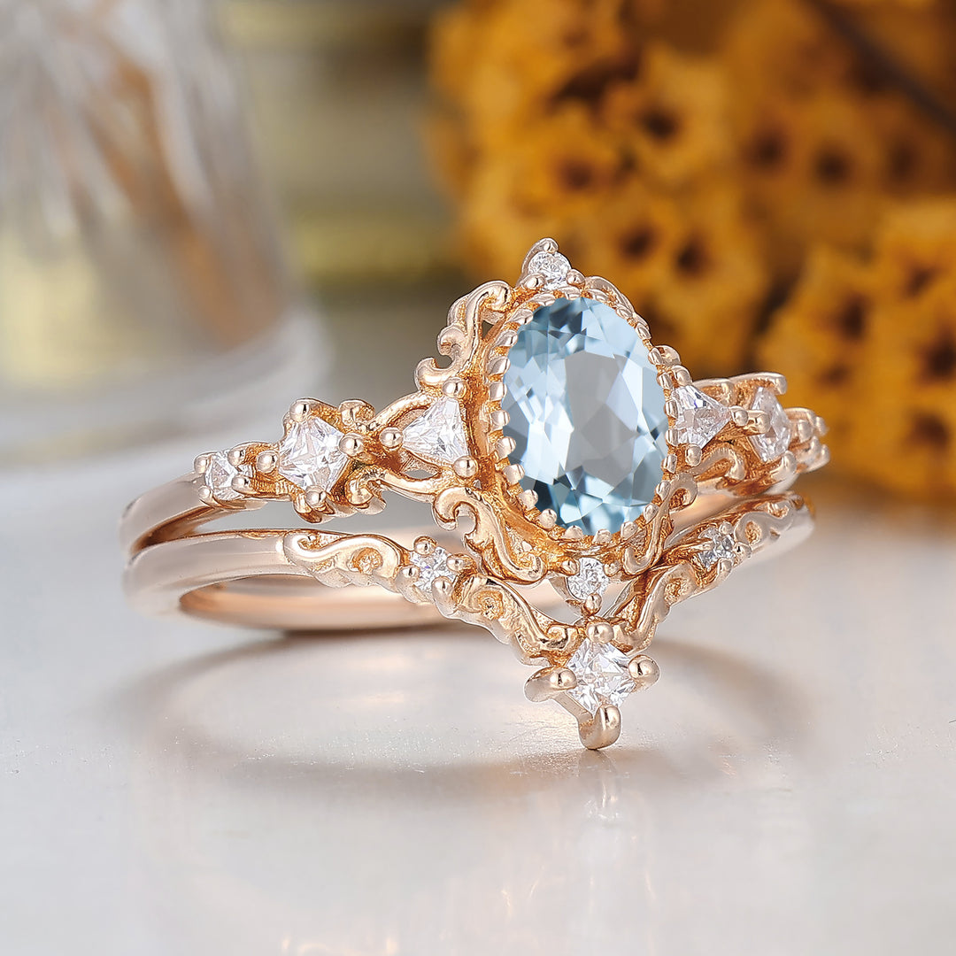 Crystal-Clear Oval Cut Aquamarine Bridal Ring 14K Rose Gold March Birthstone Ring For Her