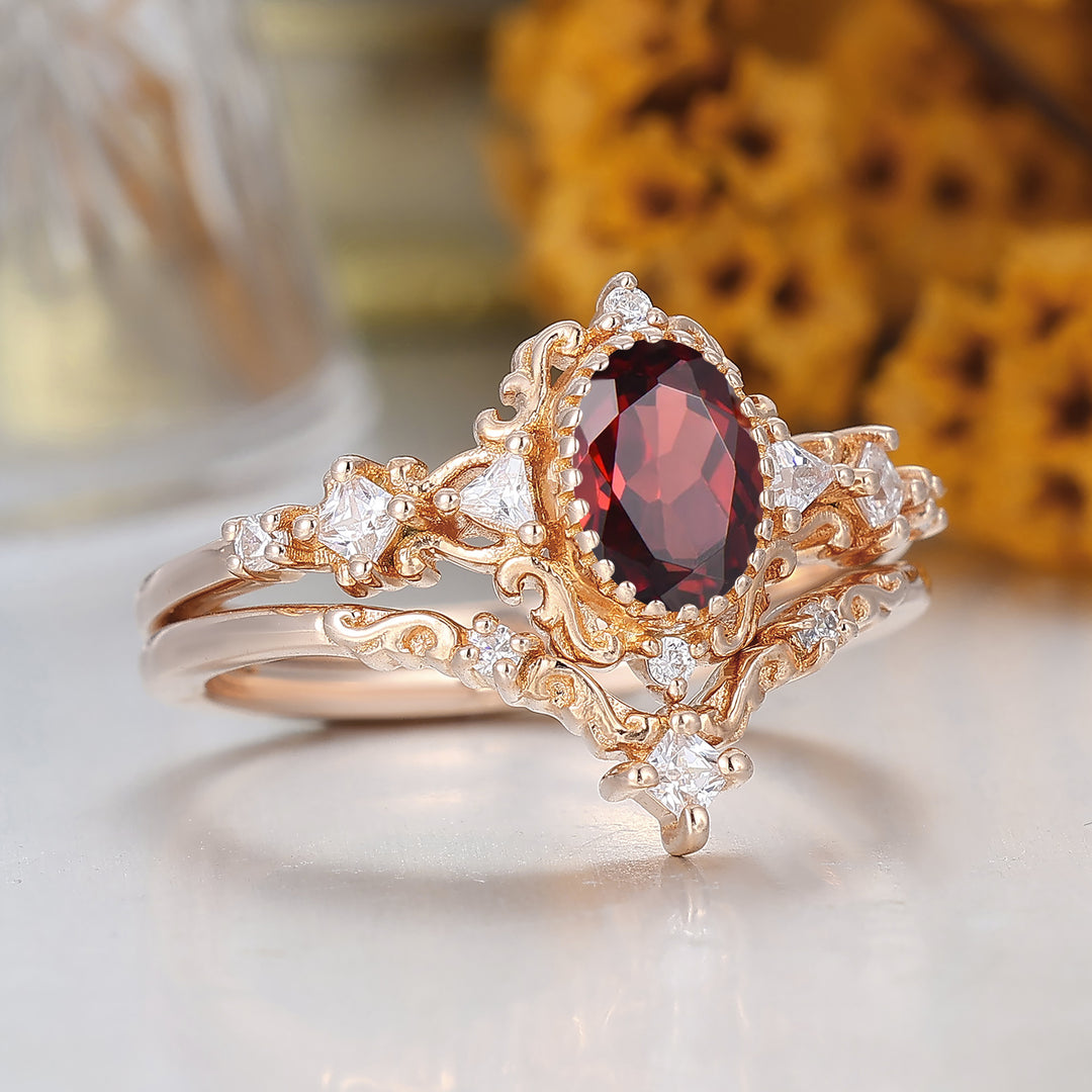 Natural Deep Red Garnet Engagement Ring Rose Gold Scrolled January Birthstone Anniversary Ring