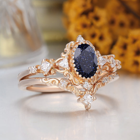 Dainty Scrolled Oval Cut Blue Sandstone Wedding RingsSolid Gold Bridal Anniversary Ring