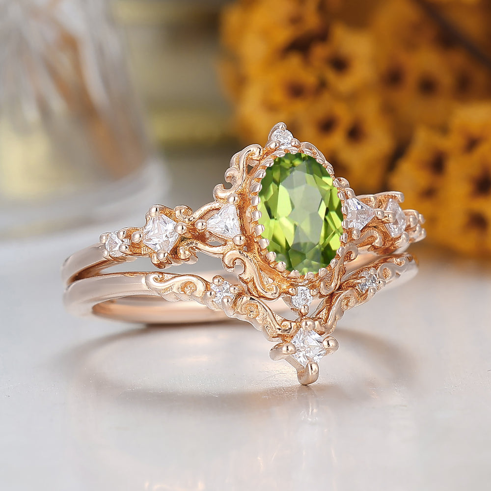 Vintage Scrolled Oval Cut Peridot Engagement Ring Set Rose Gold Women Anniversary Rings