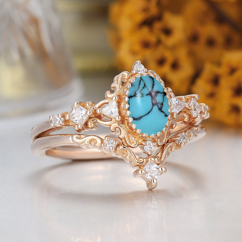 Vintage Inspired 1CT Oval Cut Turquoise Wedding Rings Handmade Bridal Anniversary Ring Set