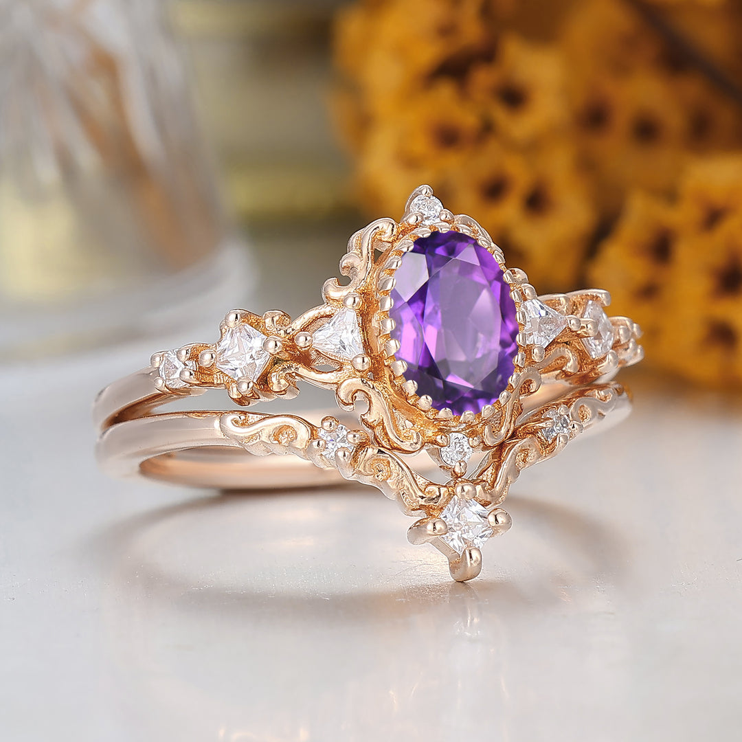 Antiker oval geschliffener Aquamarin-Verlobungsring mit Blumenmuster 14K Roségold Ehering Vintage Filigran Natürlicher Amethyst Brautring 14K Massivgold Ehering für Damen