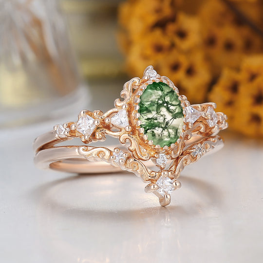 Engagement en agate mousse taille ovale florale gravée Bague nuptiale unique en or rose