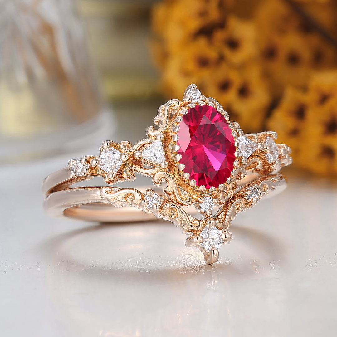 Vintage Scrolled Oval Cut Ruby Engagement Ring Set Rose Gold Women Anniversary Rings