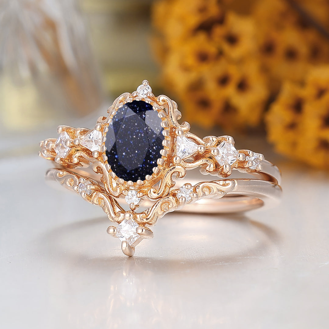 Dainty Scrolled Oval Cut Blue Sandstone Wedding RingsSolid Gold Bridal Anniversary Ring