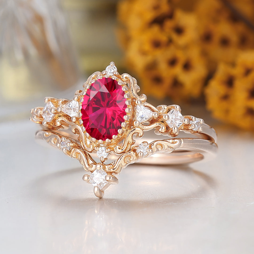 Vintage Scrolled Oval Cut Ruby Engagement Ring Set Rose Gold Women Anniversary Rings