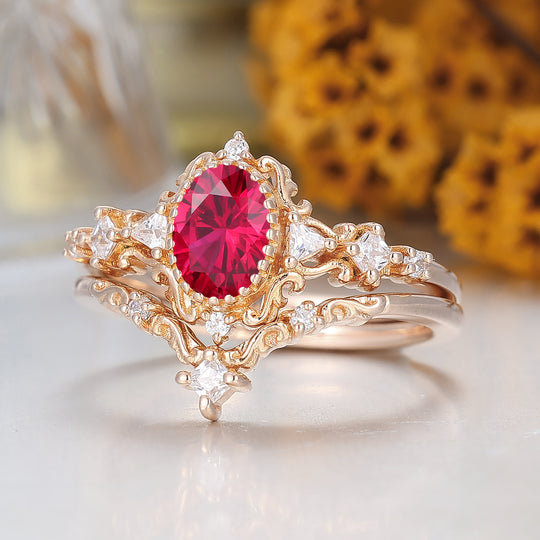 Vintage Scrolled Oval Cut Ruby Engagement Ring Set Rose Gold Women Anniversary Rings