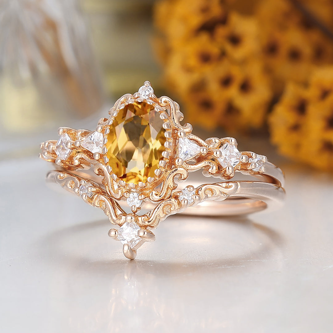 Vintage Scrolled Oval Cut Citrine Engagement Ring Set Rose Gold Women Anniversary Rings