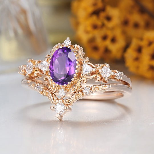 Antiker oval geschliffener Aquamarin-Verlobungsring mit Blumenmuster 14K Roségold Ehering Vintage Filigran Natürlicher Amethyst Brautring 14K Massivgold Ehering für Damen