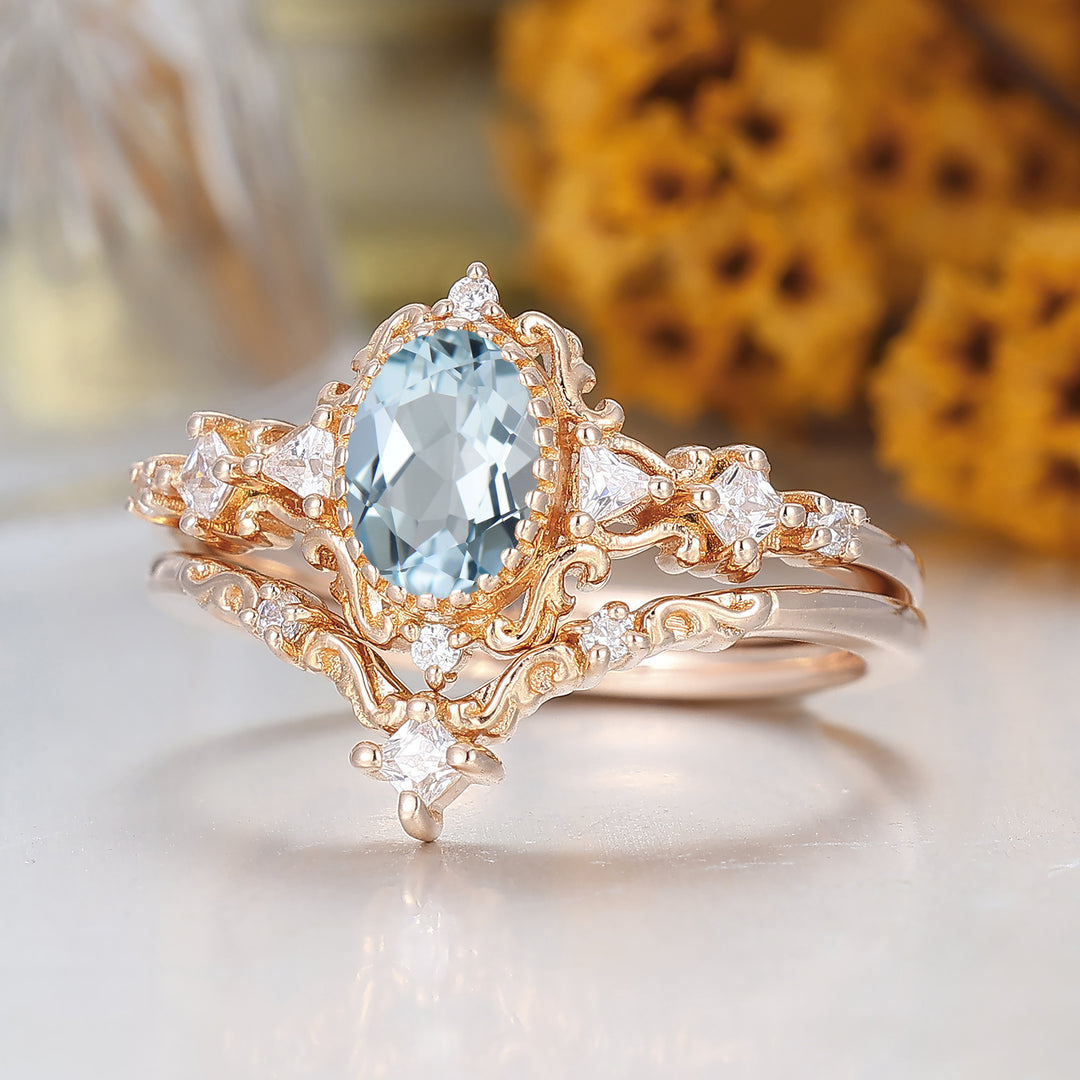 Crystal-Clear Oval Cut Aquamarine Bridal Ring 14K Rose Gold March Birthstone Ring For Her
