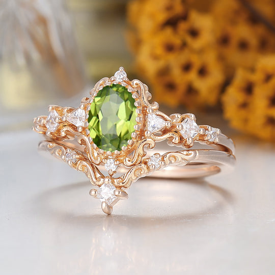 Vintage Scrolled Oval Cut Peridot Engagement Ring Set Rose Gold Women Anniversary Rings