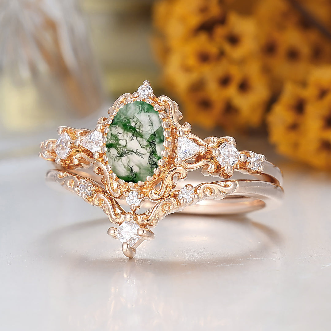 Engagement en agate mousse taille ovale florale gravée Bague nuptiale unique en or rose