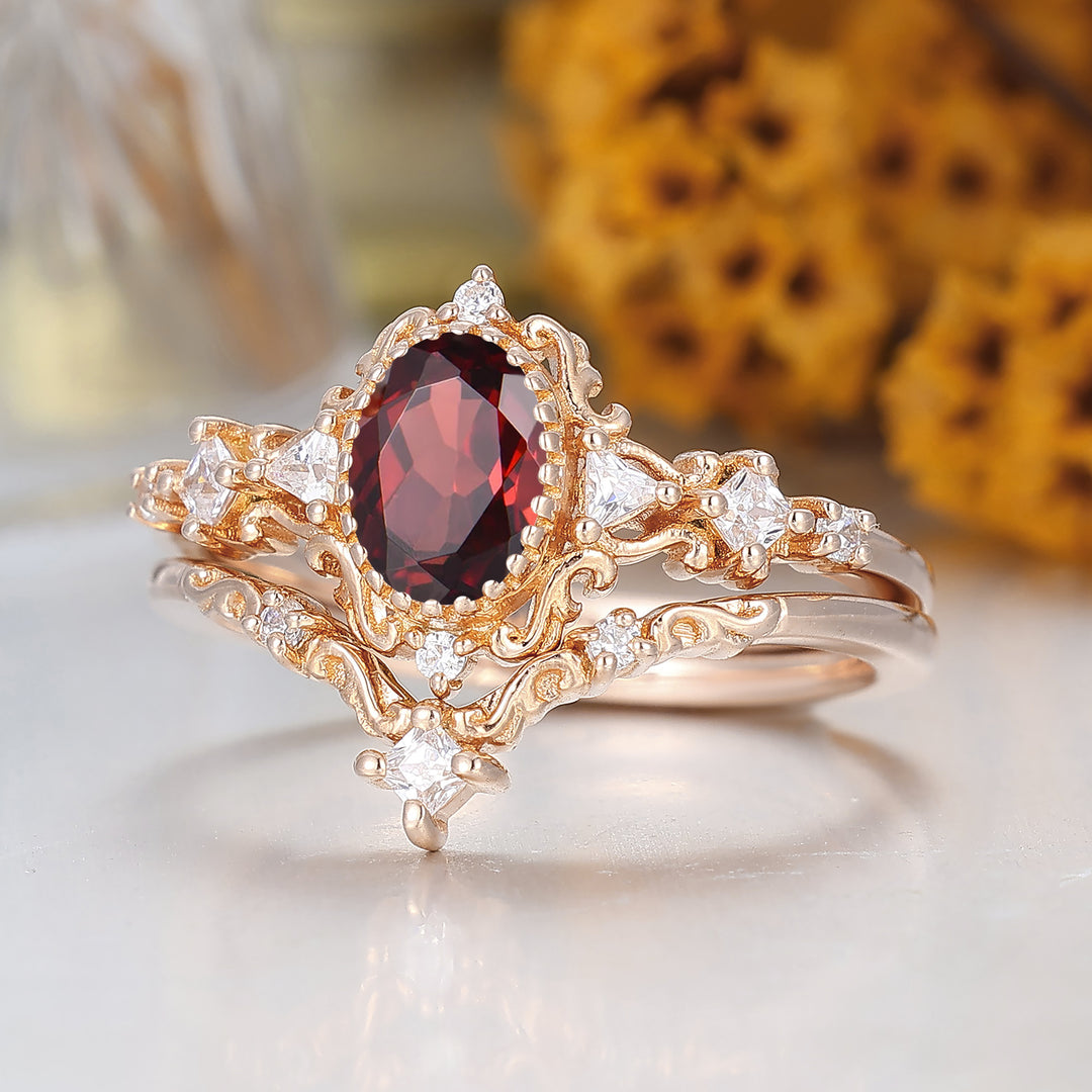 Baroque-inspired Oval Cut Natural Red Garnet His And Hers Rings Scrolled Couple Ring Set