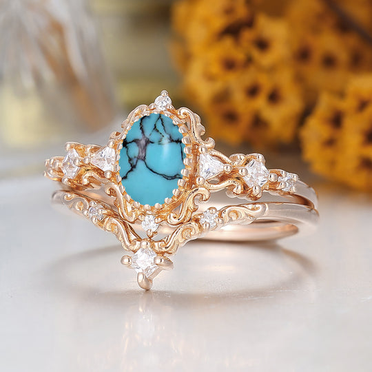 Vintage Inspired 1CT Oval Cut Turquoise Wedding Rings Handmade Bridal Anniversary Ring Set