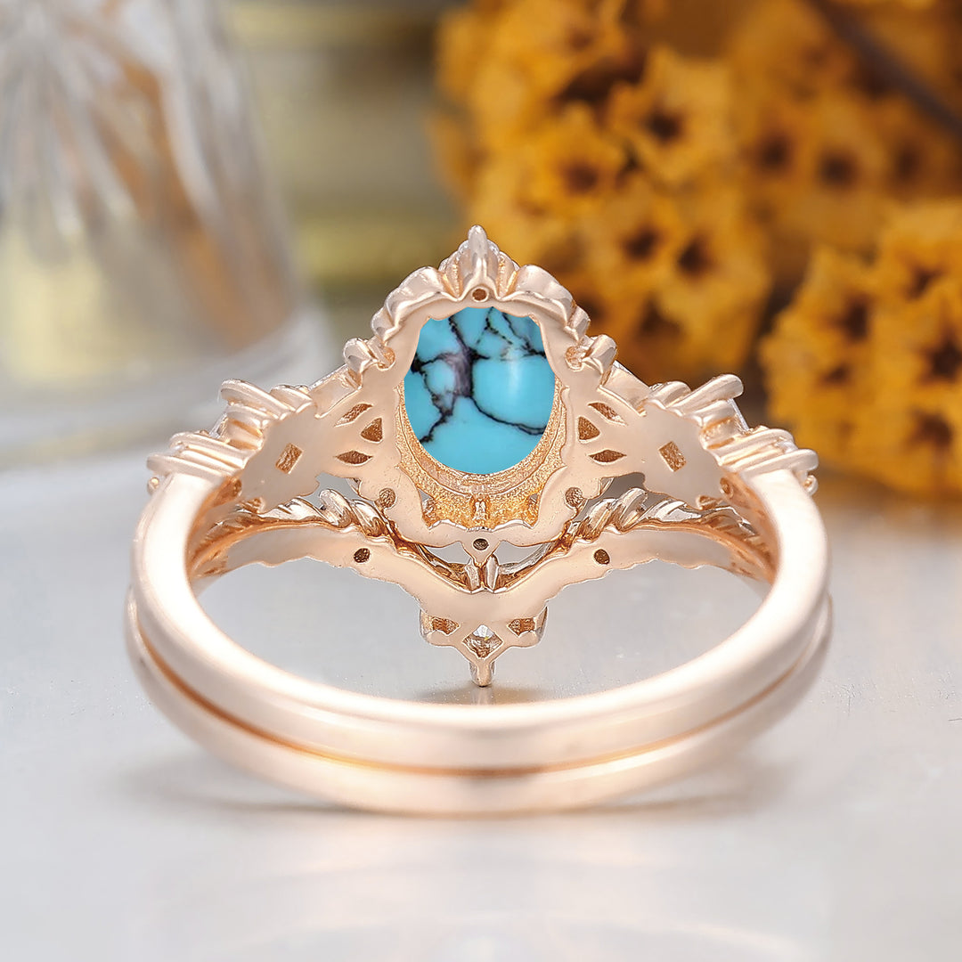 Vintage Inspired 1CT Oval Cut Turquoise Wedding Rings Handmade Bridal Anniversary Ring Set
