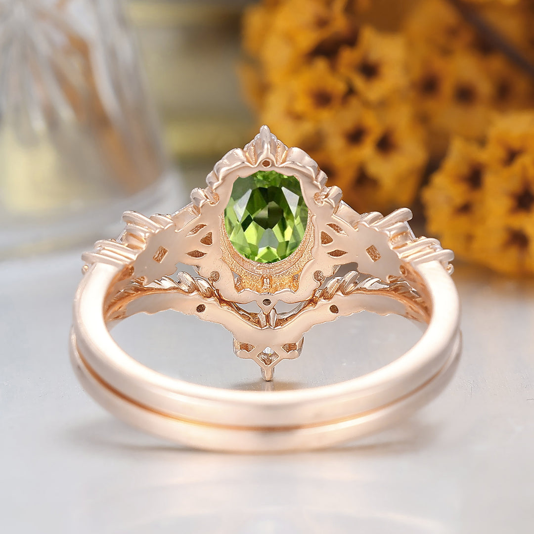 Vintage Scrolled Oval Cut Peridot Engagement Ring Set Rose Gold Women Anniversary Rings