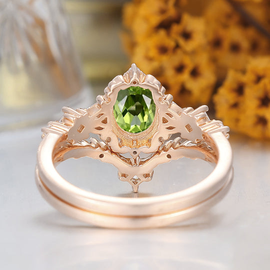 Vintage Scrolled Oval Cut Peridot Engagement Ring Set Rose Gold Women Anniversary Rings