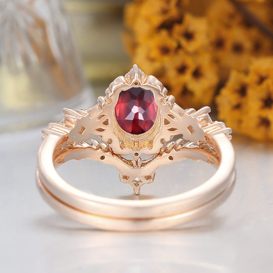 Baroque-inspired Oval Cut Natural Red Garnet His And Hers Rings Scrolled Couple Ring Set