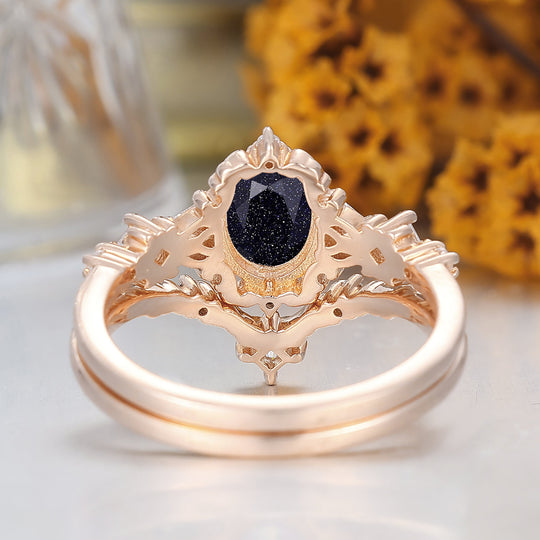Dainty Scrolled Oval Cut Blue Sandstone Wedding RingsSolid Gold Bridal Anniversary Ring
