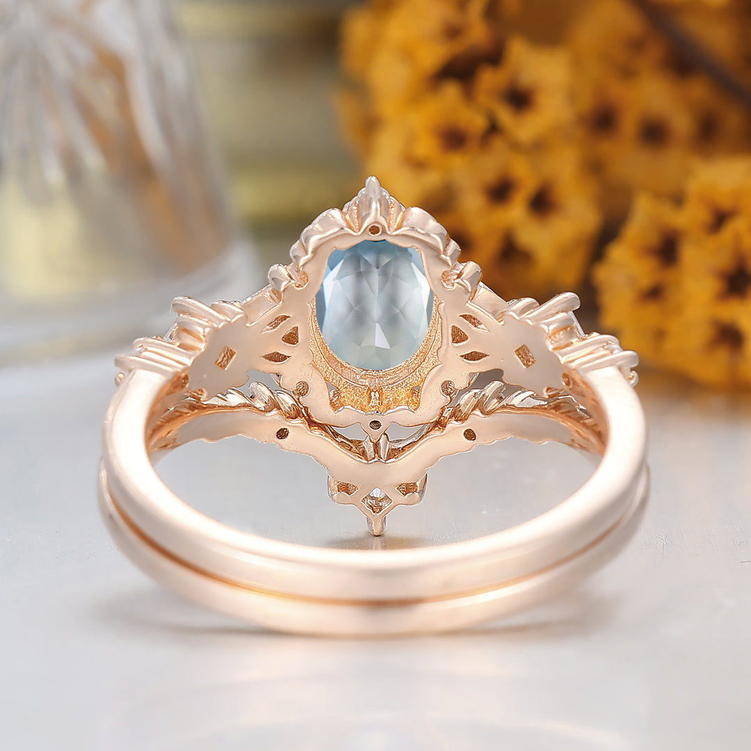 Crystal-Clear Oval Cut Aquamarine Bridal Ring 14K Rose Gold March Birthstone Ring For Her