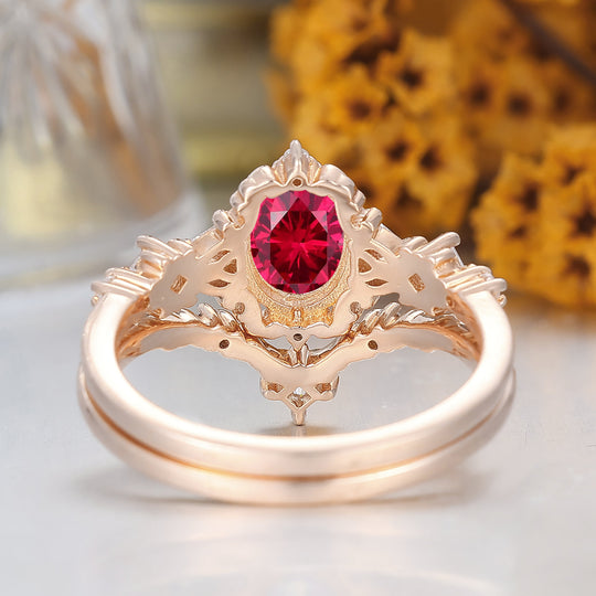 Vintage Scrolled Oval Cut Ruby Engagement Ring Set Rose Gold Women Anniversary Rings