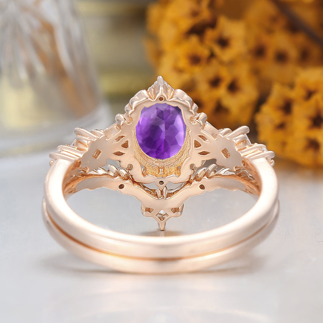 Antiker oval geschliffener Aquamarin-Verlobungsring mit Blumenmuster 14K Roségold Ehering Vintage Filigran Natürlicher Amethyst Brautring 14K Massivgold Ehering für Damen