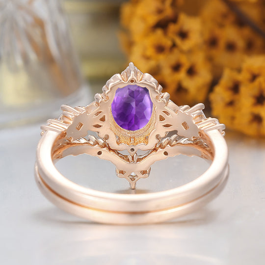 Antiker oval geschliffener Aquamarin-Verlobungsring mit Blumenmuster 14K Roségold Ehering Vintage Filigran Natürlicher Amethyst Brautring 14K Massivgold Ehering für Damen