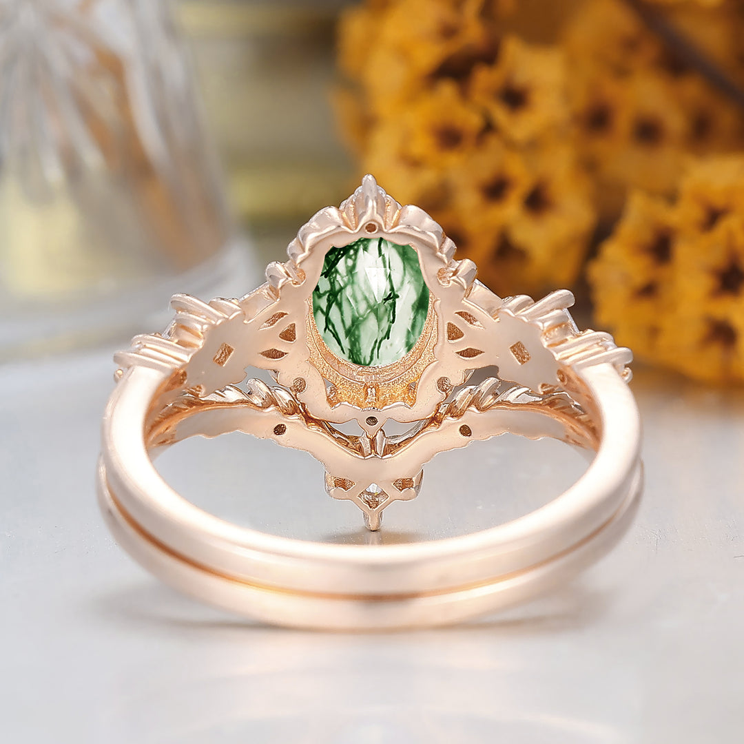 Engagement en agate mousse taille ovale florale gravée Bague nuptiale unique en or rose