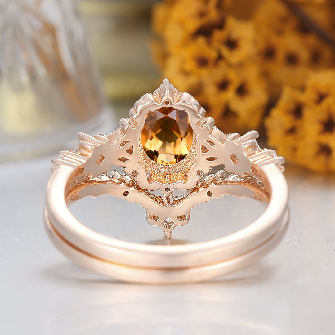 Vintage Scrolled Oval Cut Citrine Engagement Ring Set Rose Gold Women Anniversary Rings