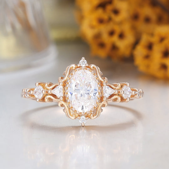Einzigartiger floraler Moissanit-Verlobungsring, ovaler Schliff, 14K Massivgold, Rankenverzierung, Brautring für Damen