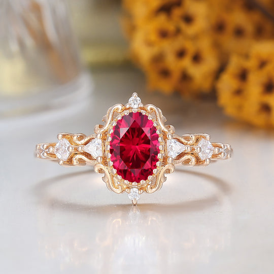 Antique Scrollwork Ruby Engagement Ring 14K Gold Bridal Ring For Women
