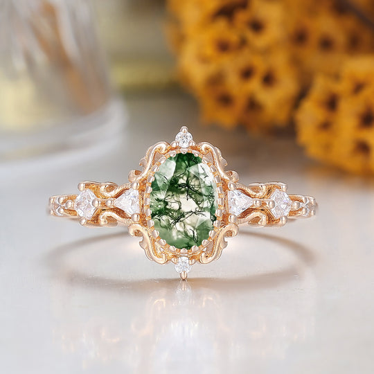 Unique Scrollwork Natural Moss Agate Engagement Ring Anniversary Bridal Ring