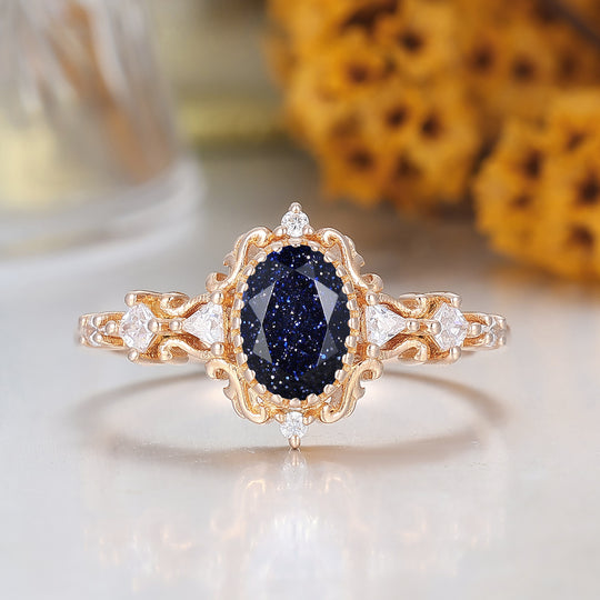 Vintage Scrollwork Blauwe Zandsteen Bruidsring 14K Roségoud Damesring