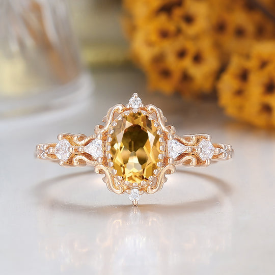 Antique Scrollwork Citrine Engagement Ring 14K Gold Bridal Ring For Women