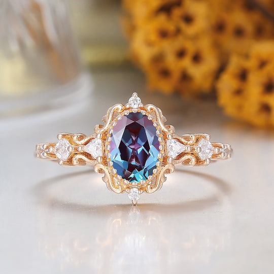 Retro Vine Design Oval Cut Alexandrite Bridal Ring Filigree Milgrain Alexandrite Promise Ring For Her