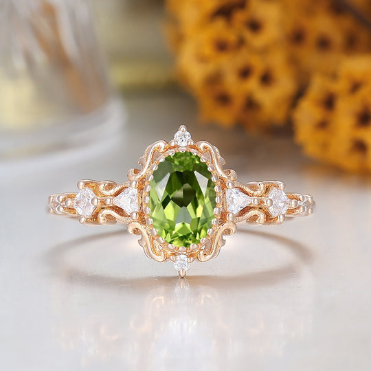 Antique Scrollwork Peridot Engagement Ring 14K Gold Bridal Ring For Women