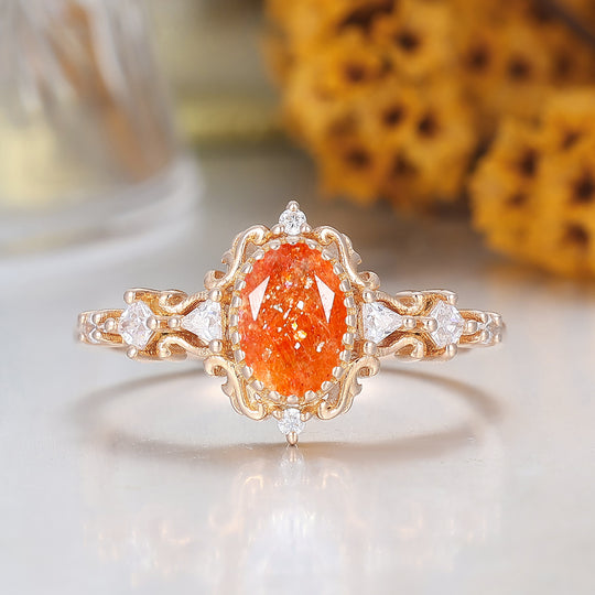 Bague de fiançailles en pierre de soleil d'inspiration baroque Bague de mariage en or massif pour anniversaire