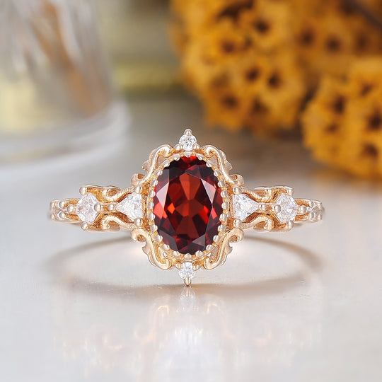 Vintage Oval Shape Red Garnet Filigreed Engagement Ring Red Garnet January Birthstone Promise Ring