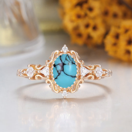 Art Deco Filigree Turquoise Engagement Ring Solid Rose Gold Women Fine Ring
