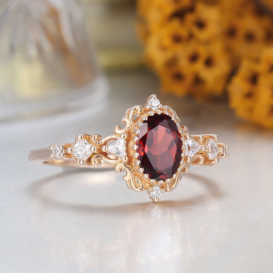 Vintage Oval Shape Red Garnet Filigreed Engagement Ring Red Garnet January Birthstone Promise Ring
