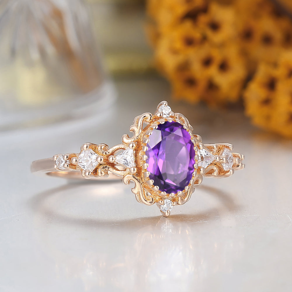 Antique Bague de Fiançailles en Améthyste Naturelle Ornée de Volutes Bague de Mariage en Or Massif