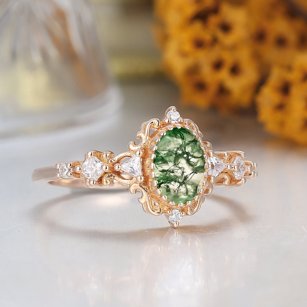 Unique Scrollwork Natural Moss Agate Engagement Ring Anniversary Bridal Ring