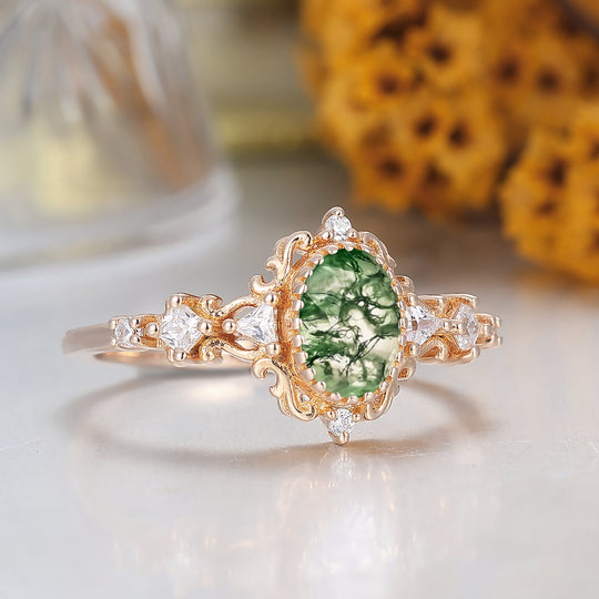 Unique Scrollwork Natural Moss Agate Engagement Ring Anniversary Bridal Ring