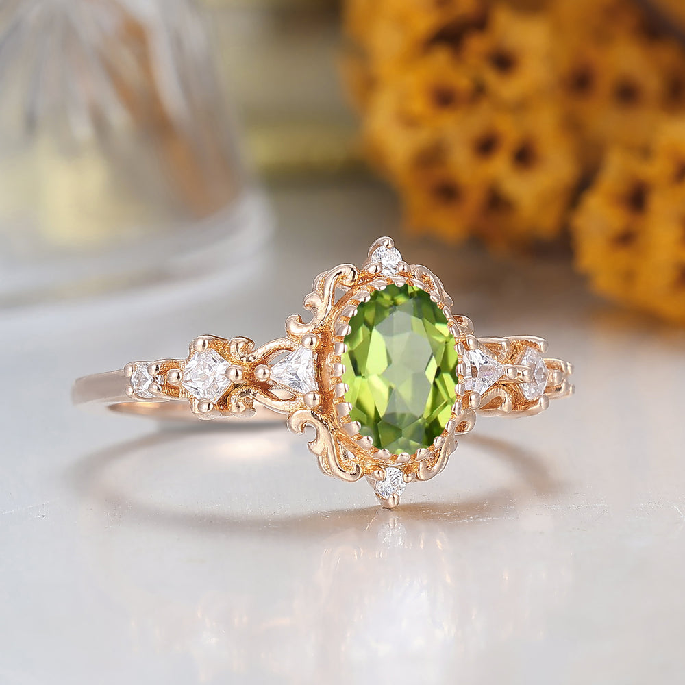 Antique Scrollwork Peridot Engagement Ring 14K Gold Bridal Ring For Women