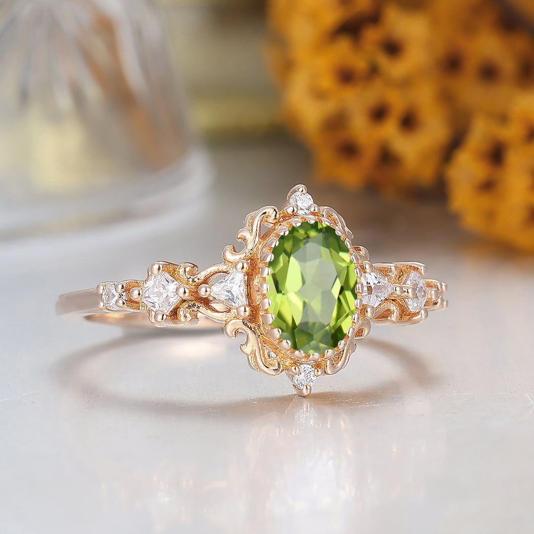 Antique Scrollwork Peridot Engagement Ring 14K Gold Bridal Ring For Women