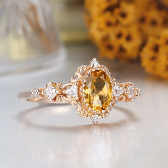 Antique Scrollwork Citrine Engagement Ring 14K Gold Bridal Ring For Women