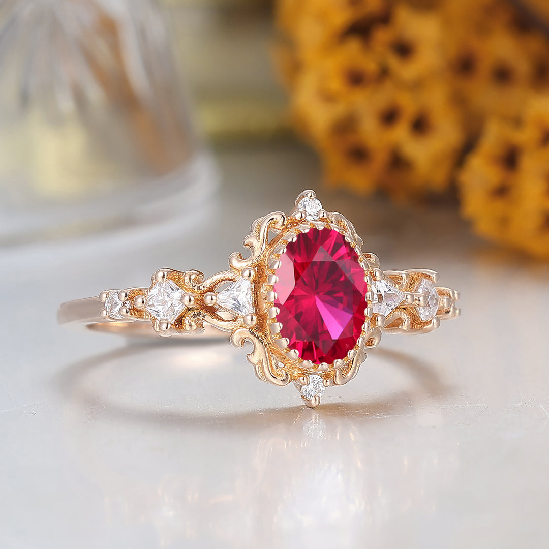 Antique Scrollwork Ruby Engagement Ring 14K Gold Bridal Ring For Women